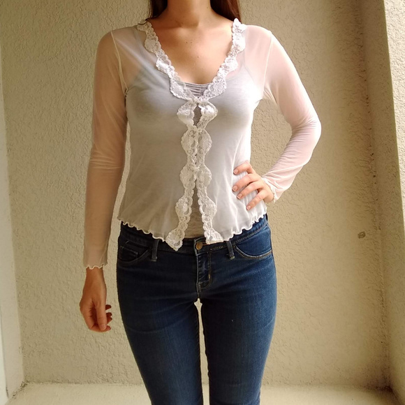 Vintage Sweaters - Vintage Sheer White Mesh Lettuce Hem Cardigan